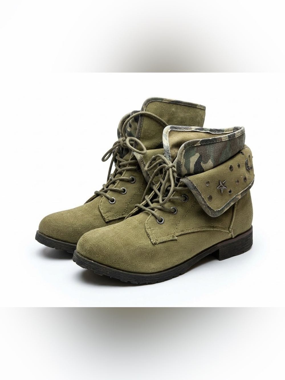 Rock & Candy Olive Green Camo Fold-Over Lace Combat Boots